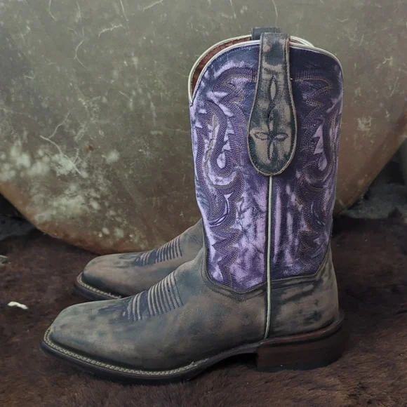 DAN POST DP3802 Distressed brown/purple leather square toe cowgirl boots sz 10